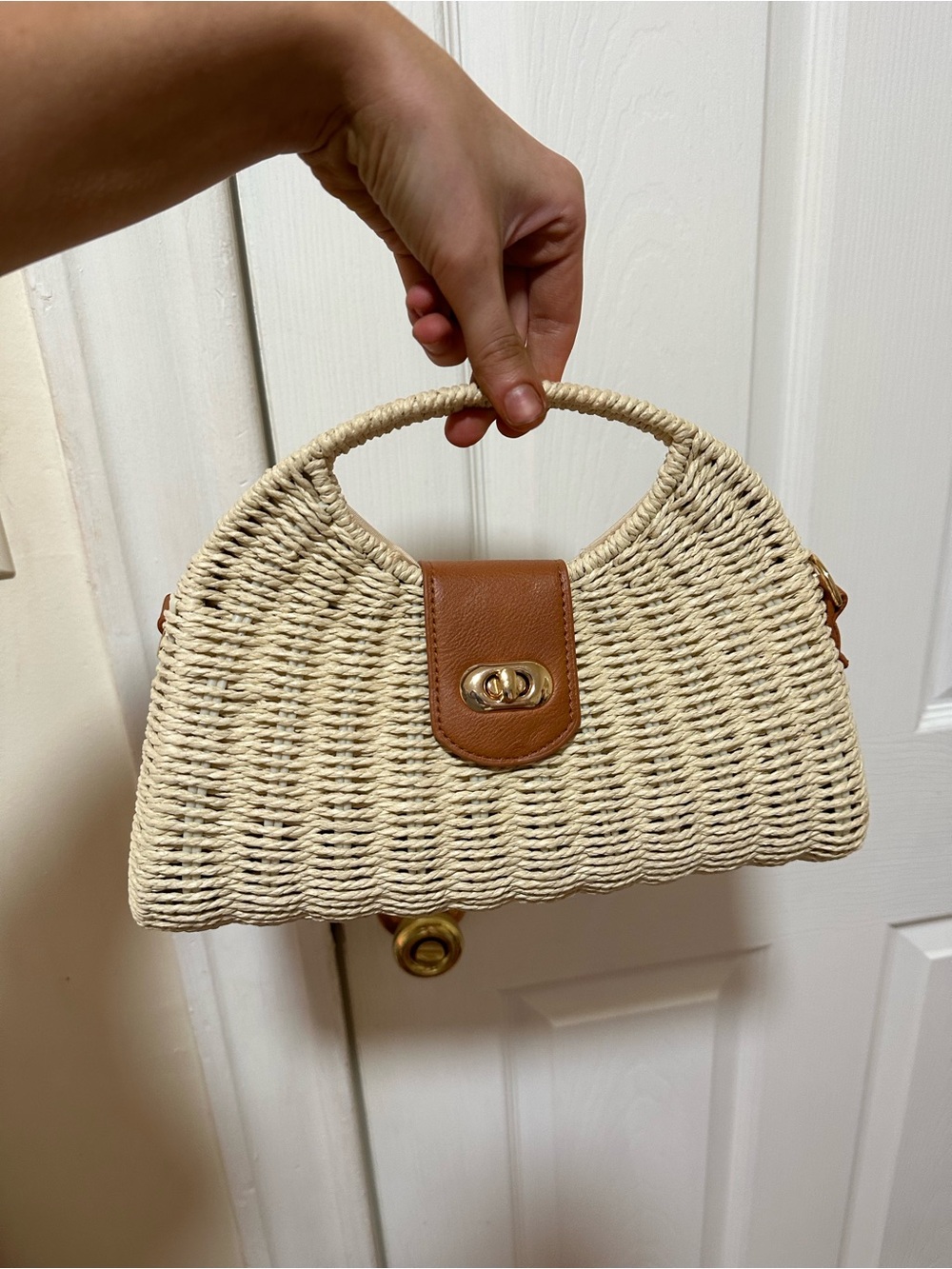 Woven Straw Top-Handle Bag with Brown Leather Trim - Picture 1 of 6